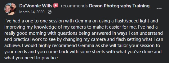 review from student of devon photography training on using flash 
