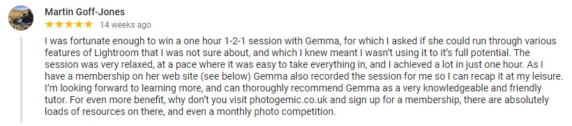 review from student of devon photography training on using lightroom classic
